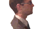 A polygonal art illustration of a person in profile, wearing glasses and a suit, depicted with geometric shapes and muted colors.